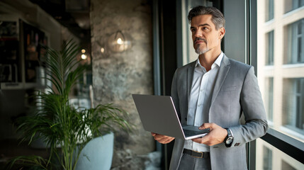 Confident businessman in a modern office holding a laptop and gazing out the window, concept of executive decision-making and professional contemplation.