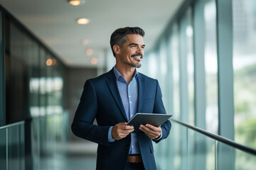 Wall Mural - Confident businessman holding tablet while standing in modern office corridor.