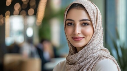 Portrait of a middle-eastern female customer service agent, with a welcoming expression and professional demeanor, captured in a photo style with ample copy space for text.