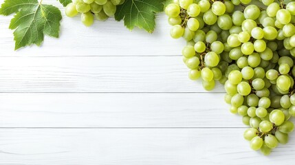 Poster - Ripe green grapes with leaves arranged on a white wooden surface presenting a fresh and natural background with ample space for text