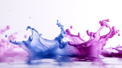 Poster - Blue and pink ink drops create abstract patterns as they fall into water