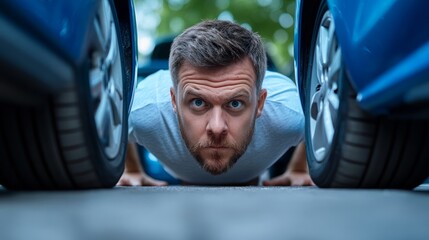 A man in a white shirt does pushups between two parked cars