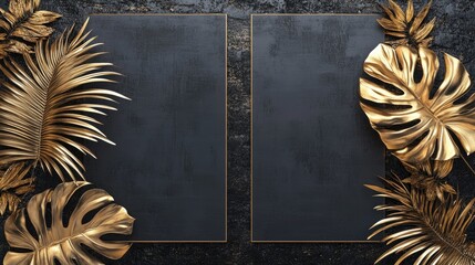 Poster - Two blank vertical poster or card mockups with golden palm and monstera leaves on a dark grey textured background Elegant tropical design Flat lay Space for text