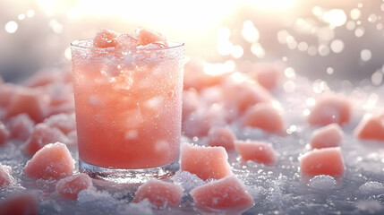 Wall Mural - Refreshing Pink Drink Photo with Ice Cubes on Crushed Ice