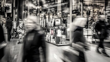 Blurry motion of people shopping in a store.