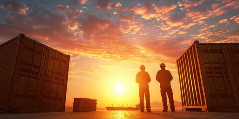 Two silhouetted workers stand by shipping containers, watching a stunning sunset over a harbor