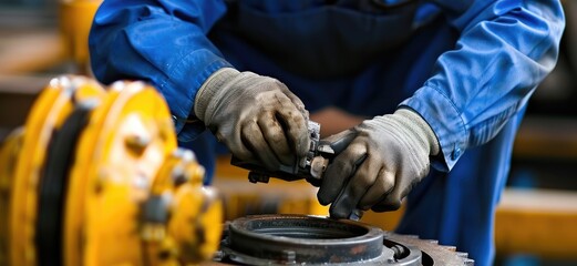 Poster - A worker in blue overalls repairs machinery using gloves, showcasing hands-on industrial maintenance in an equipped workspace.