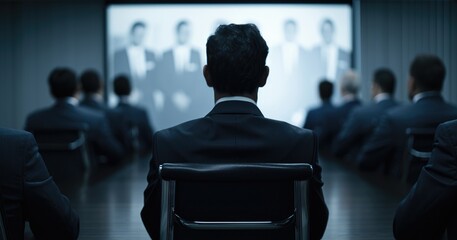 Poster - A man in a suit sits in a dark room, focused on a presentation featuring figures on a screen, surrounded by others in business attire.