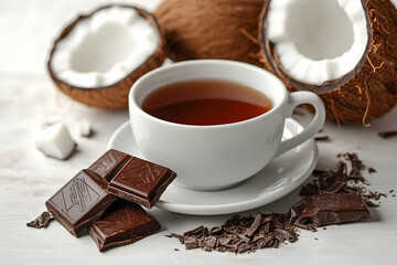 Sticker - Photo of White Cup of Tea with Coconut and Dark Chocolate