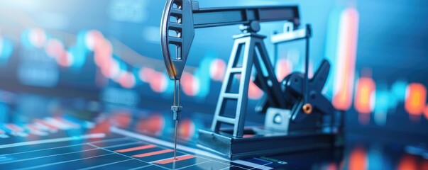 Poster - A robotic arm engages in oil extraction against a backdrop of digital graphs, symbolizing the intersection of technology and the petroleum industry.