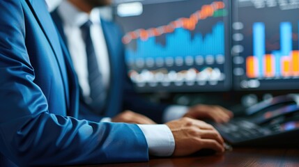Poster - A professional in a blue suit analyzes data on screens, showcasing financial graphs and statistics.