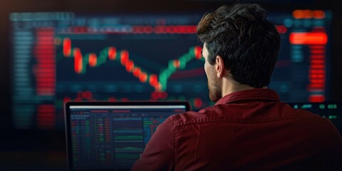 Poster - A focused individual analyzes stock market trends on a computer, surrounded by vibrant financial charts and graphs.