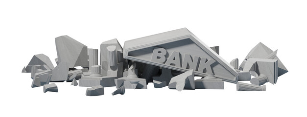 Poster - Collapsed bank building in ruins, with shattered pillars and debris on a white background. Concept of financial crisis. 3D Rendering