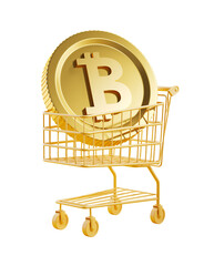 Poster - Golden Bitcoin coin placed inside a yellow shopping cart on a white background. Concept of cryptocurrency investment and digital currency trading. 3D Rendering