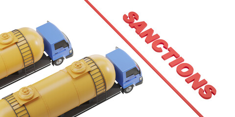 Poster - Blue trucks with yellow tanks blocked by red SANCTIONS text. White background. Concept of economic and trade restrictions. 3D Rendering