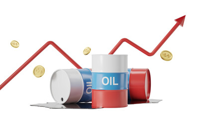 Poster - Oil barrels with a rising red arrow and coins on a white background. Concept of oil price increase and economic growth. 3D Rendering