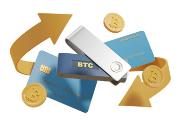 Poster - BTC cold wallet, bank cards, and bitcoins with golden arrows on a white background. Concept of safe and secure crypto protection. 3D Rendering