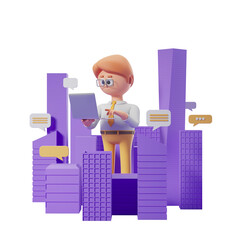 Poster - Cartoon businessman with laptop in hand amidst purple skyscrapers and speech bubbles, on a white background. Concept of communication and technology. 3D Rendering