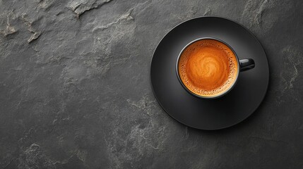 Wall Mural - Top view of an espresso coffee cup on a dark grey background, highlighting the rich texture and color of the espresso. The image captures the essence of espresso with ample copy space.