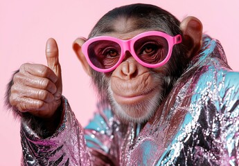 Wall Mural - a smiling monkey in pink sunglasses and a shiny silver jacket gives a thumbs-up against a pastel pin