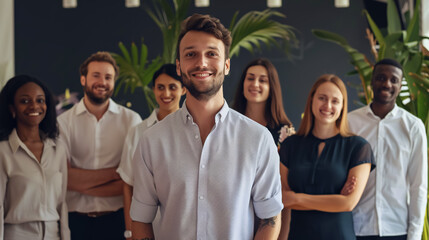 Wall Mural - Portrait of a confident, successful young male business leader with a diverse, interracial team, smiling and standing in a modern office.