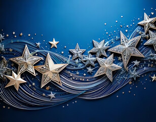 golden and silver stars as background with waves, blue, white and red background, success, victory, surprise, christmas