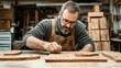© Alfazet Chronicles - Middle-aged man with gray beard carving intricate designs into wooden pieces in a woodworking shop, wearing glasses and an apron, focusing intently on his craft.