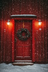 Red door with a pretty Christmas wreath, cozy red house with Christmas lights, snowy day