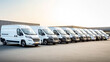 © altitudevisual - Row of white cargo vans parked in an industrial area, under a clear sky. The vehicles are aligned neatly, suggesting a commercial fleet ready for delivery services.