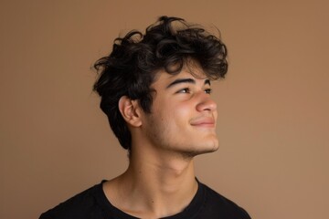 Looking Side. Young Brazilian Man Model Smiling and Attractive, Isolated on Beige Background