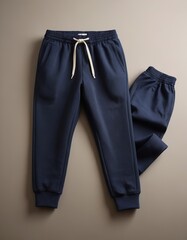 Navy blue sweatpants with elastic waistband and drawstring showcase a modern, comfortable style.