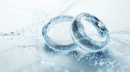 Poster - Futuristic quantum wedding rings surrounded by digital particles and light trails on a clean white background