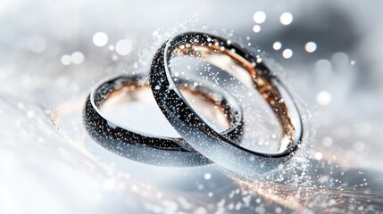 Poster - Futuristic quantum wedding rings surrounded by digital particles and light trails on a clean white background