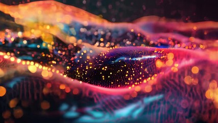Fototapete - Colorful digital waves undulate, shimmering with tiny glowing dots that create an energetic and captivating visual display