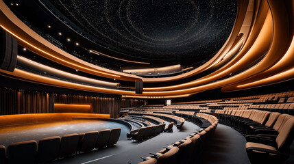 Wall Mural - Modern auditorium with curved seating and illuminated stage under a starry ceiling displaying elegant architectural design