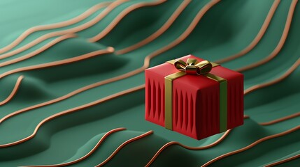 Poster - 3D Festive Red Gift Box with Green Background