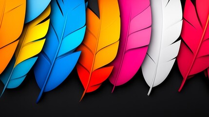 Poster - Colorful array of paper feathers are arranged in a row. The feathers are of different colors and sizes, creating a vibrant and eye-catching display. Concept of creativity and artistic expression