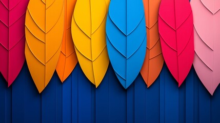 Poster - Colorful array of paper leaves are arranged in a row. The leaves are of different colors, including red, yellow, and blue. Concept of creativity and playfulness