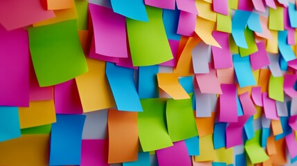 Poster - Wall covered in colorful sticky notes. The notes are in various colors and sizes, and they are all over the wall. The wall looks like a colorful collage of ideas and thoughts
