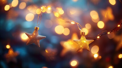 Poster - Abstract background featuring blurred lights and Christmas stars creating an illuminated atmosphere perfect for celebration with ample copy space