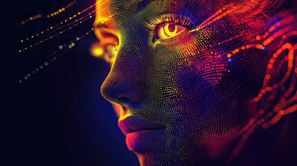 Poster - Illuminated Digital Face with Radiant Dots and Lines