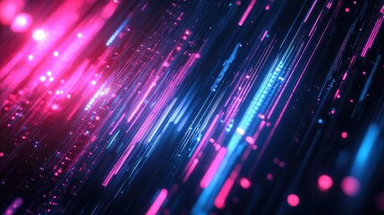 Poster - Abstract digital art featuring pink and blue neon lines with bokeh lights against a dark background ideal for themes of data transfer and technology