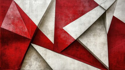 Poster - Contemporary abstract design featuring a textured red and white background with overlapping layers of triangles and rhombuses