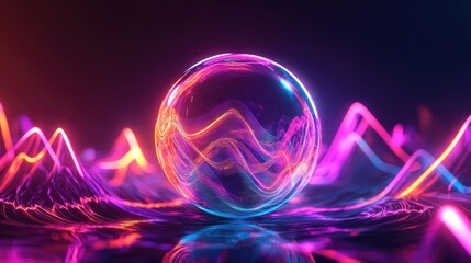 Fototapete - Futuristic abstract neon energy sphere surrounded by luminous waves on a dark backdrop