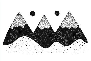 Poster - A black and white drawing of three mountains, great for use in educational materials or as a minimalist design element