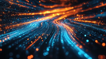 Fototapete - Abstract digital technology backdrop showcasing luminous lines and data streams in shades of blue and orange
