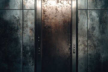 A metal door with a single light bulb illuminating the dark surroundings