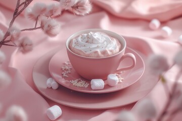 Poster - A delicious cup of hot chocolate served with fluffy marshmallows on a bright pink plate