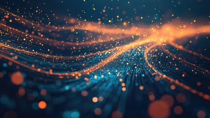 Fototapete - Abstract digital technology backdrop showcasing luminous lines and data streams in shades of blue and orange