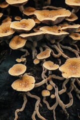 A cluster of mushrooms emerging from the earth, varying shapes and sizes